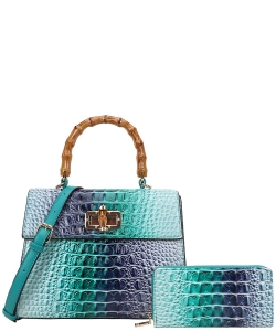 2in1 Croc Designer Satchel with Wallet CE-9158W TURQUOISE